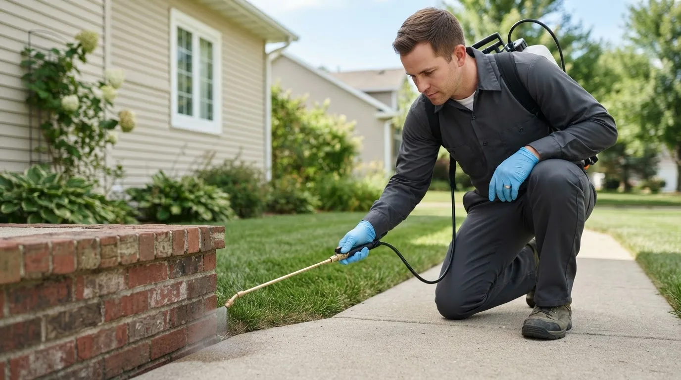 Pest control technician treating a home near Woodville, OH