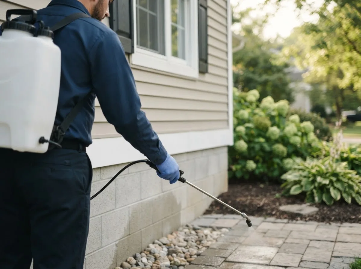 Pest control technician inspecting a home in Woodville, OH